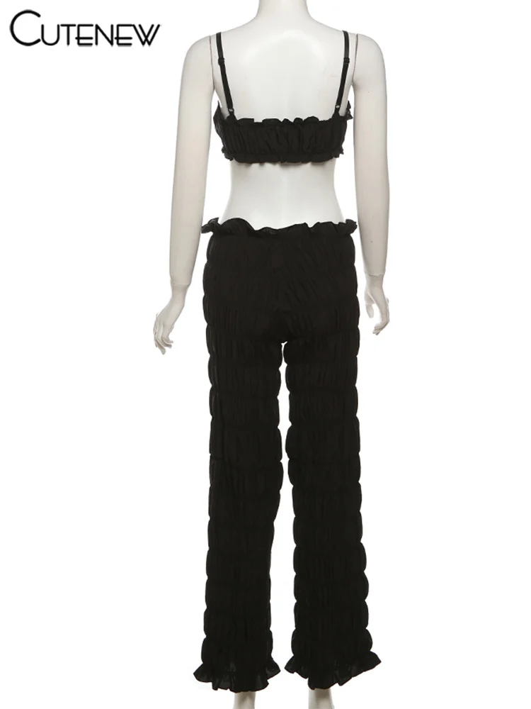 Shirring Trim Women 2 Piece Summer Unique Fashion Solid Crop Camisoles+Elastic Waist Pants Female Matching Sexy Clubwear