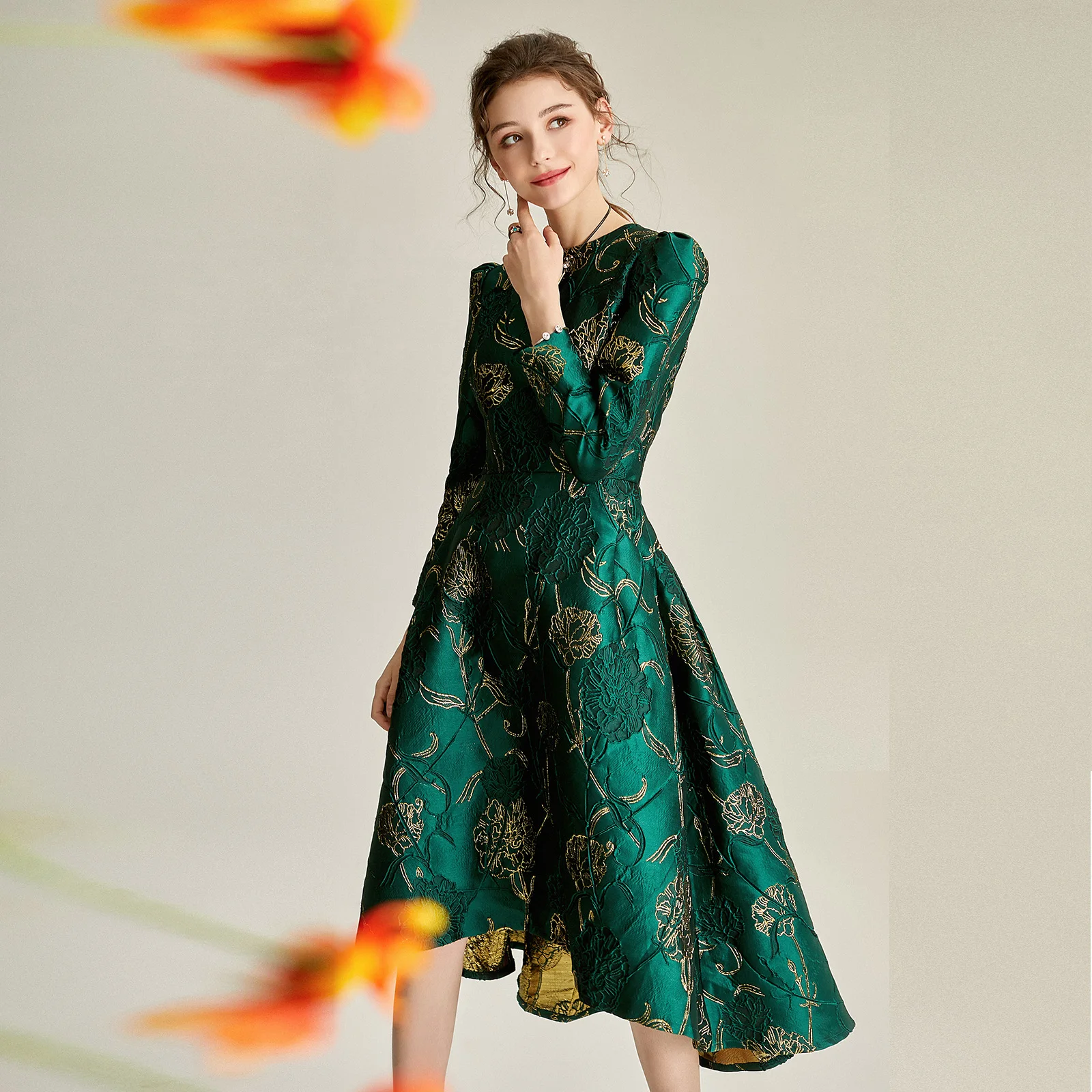 Spring Jacquard Dress Floral Long Sleeve Irregular Hem England  