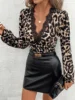 Women's Vintage Slim Fit T-Shirt V-Neck Puffy Sleeve Color Lace Leopard Print Top New Fashion Ladies' Casual Wear