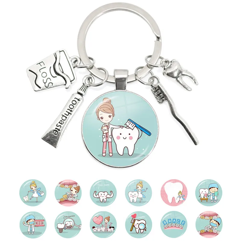 

Tooth Floss Toothpaste Toothbrush Metal Pendant Keychain Glass Cabochon Dentist Dental Assistant Gift Dental Care Key Rings