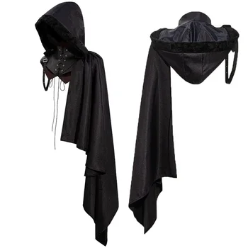Costume medievale rinascimentale Armatura da cavaliere gotico vintage Mantello monospalla nero Mantello con scialle cosplay da pirata punk incrociato