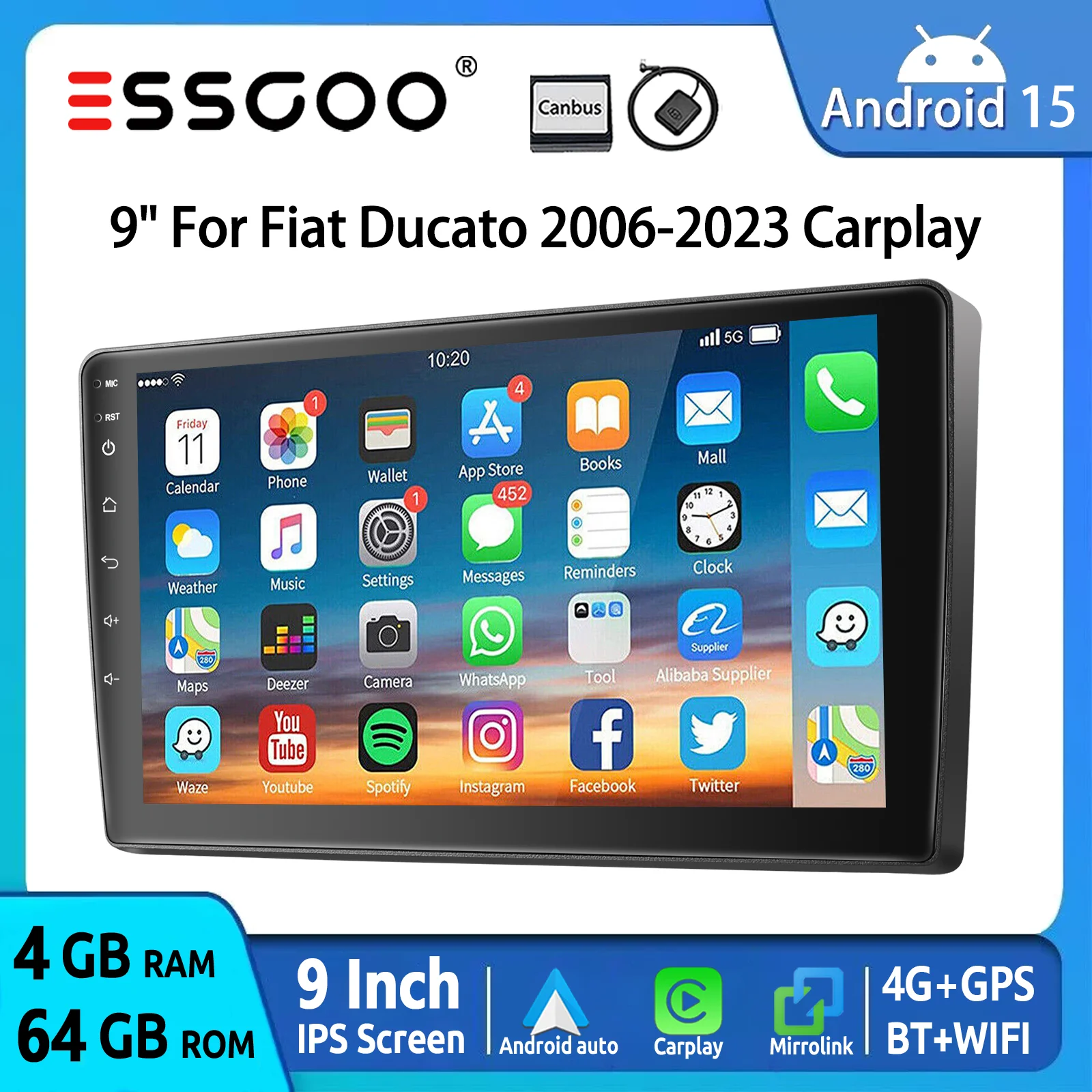 Autoradio ESSGOO Android 15 9 Zoll 4+64G für Fiat Ducato Peugeot Boxer Citroën Jumper Drahtloses CarPlay Android Auto GPS Navigation FM RDS WiFi Bluetooth Lenkradsteuerung Mirror Link IPS Touchscreen