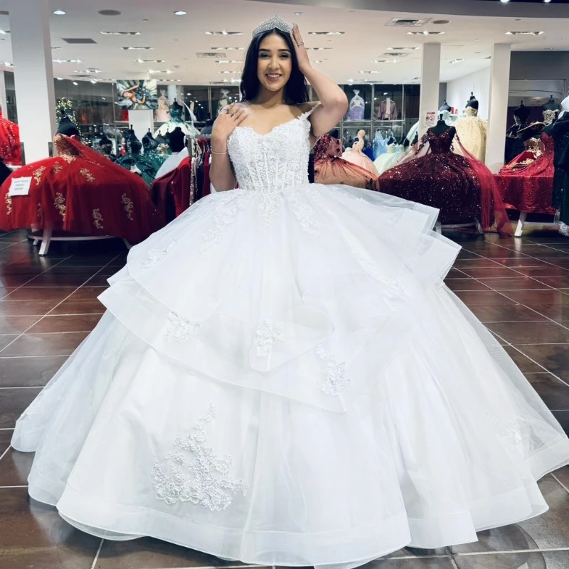 

White 16 Quinceanera Dresses Applique Lace Beads Tull Off The Shoulder Puffy Party Dress Crystal Ball Gown vestido de 15 anos