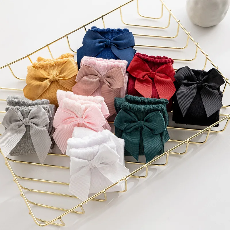 1 Pair Girls Solid Socks With Bows 100% Cotton Baby Children Sock Soft Toddlers Long Socks Kids Princess Knee High Socken 0-7yrs 4