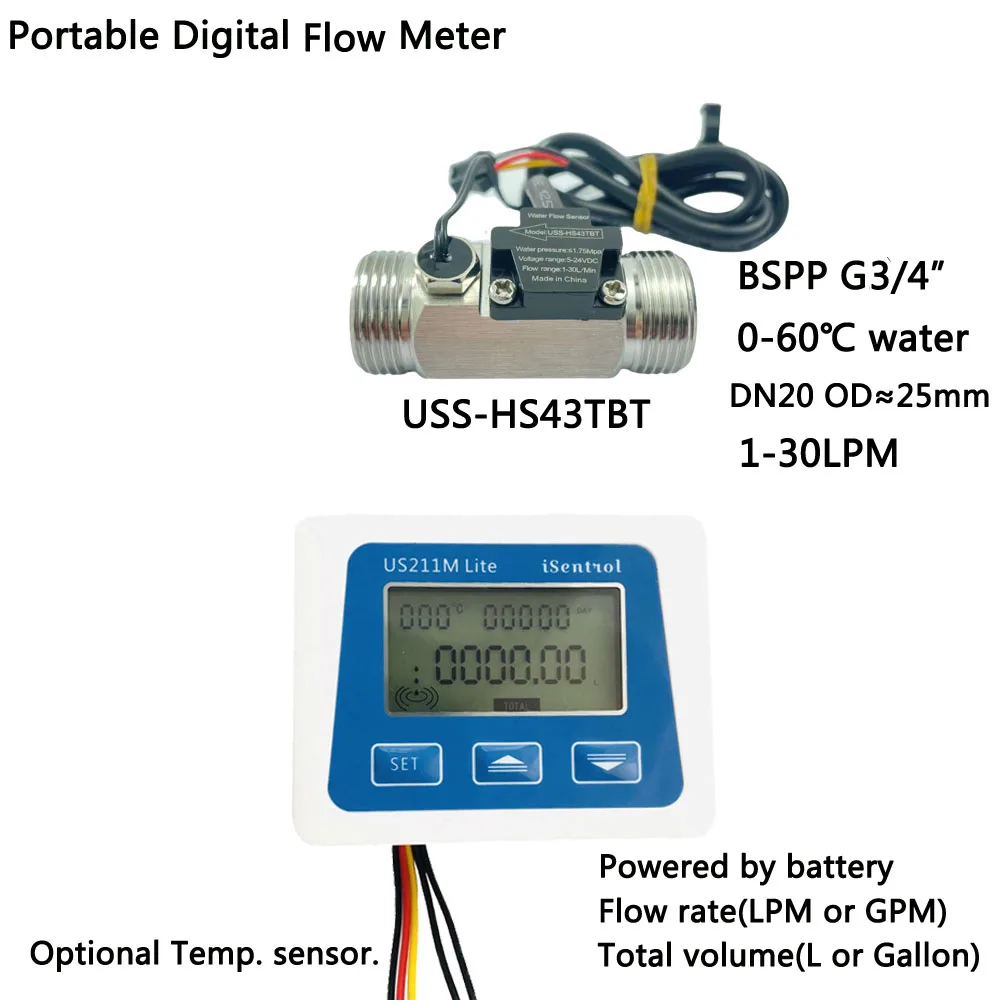 

Digital Flow Meter US211M Lite and USS-HS43TBT 1-30L/min DC5V Flow Reader Inline Hall Effect Water Flow Sensor With Temperature