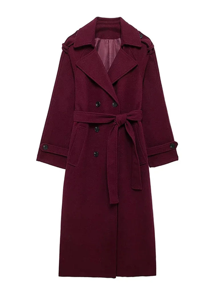 Elegant Burgundy Woolen Coat With Belt Women Lapel Full Sleeve Double Breasted Lady Overcoat 2024 Autumn Winter Female Outwear 5