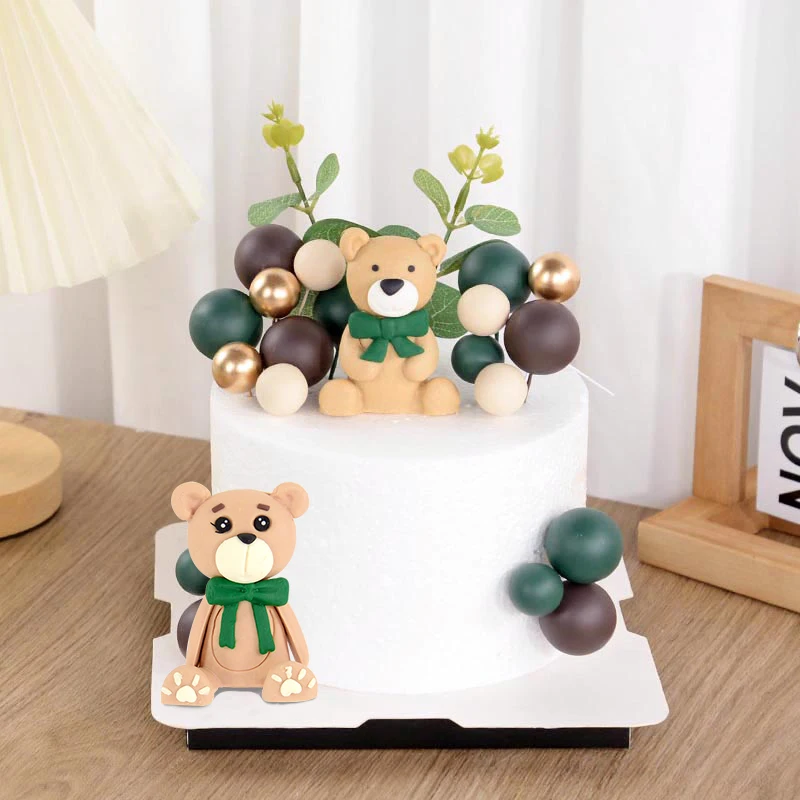 

28pcs/set Green Tie Teddy Bear Cake Decoration Ornament Baby Shower 1st Birthday Cakes Topper Dessert Baking Decor Accessories