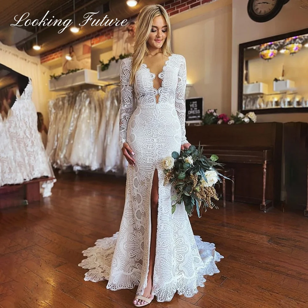 

Женское свадебное платье с юбкой-годе, белое кружевное платье с V-образным вырезом и современной вышивкой, свадебное платье до пола со шлейфом, 2024