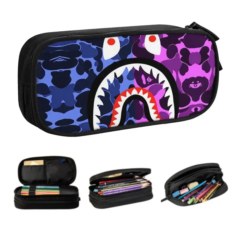 Kawaii Camo Camouflage Pencil Case for Boys Gilrs Custom Bape Shark Teeth Large Capacity Pen Bag Box School Accessories |