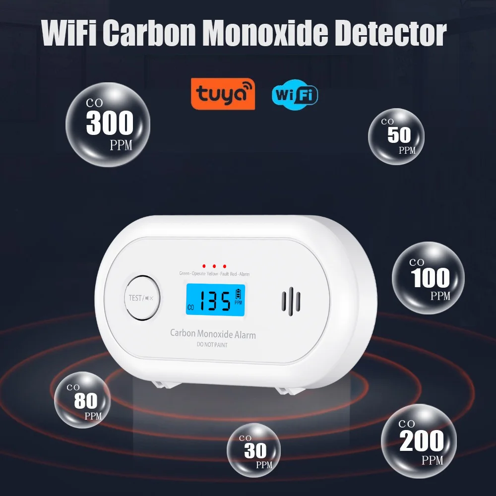 เครื่องตรวจจับก๊าซคาร์บอนมอนอกไซด์อัจฉริยะ V-COME พร้อมระบบควบคุมผ่านแอป Tuya, สัญญาณเตือนก๊าซคาร์บอนมอนอกไซด์แบบ WiFi พร้อมแบตเตอรี่ลิเธียมอายุการใช้งานยาวนาน, มาตรฐาน EN50291/CE 1