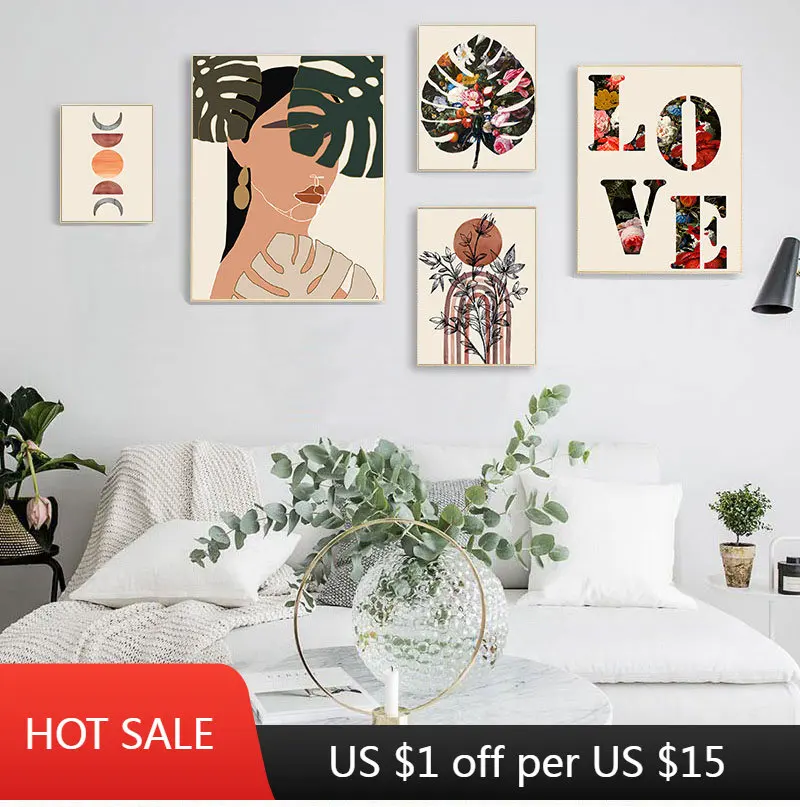 

Vintage Landscape Bobo Style Canvas Painting Abstract Flower and Leaves Poster Love Quote Print Wall Art Picture Home Decoration