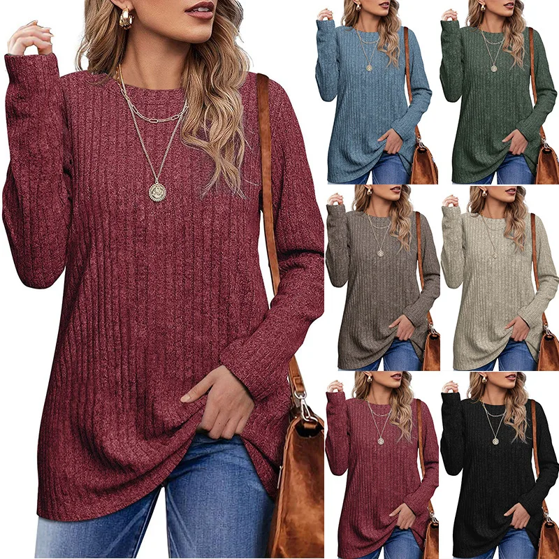 

Elegant and Fashionable Long Sleeve T-shirt for Women 2023 Autumn/Winter New Round Neck Brushed Pit Stripe Solid Color Top