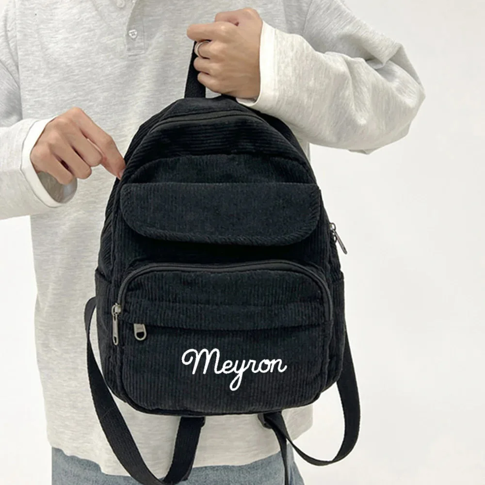 

2024 New Embroidered Couple Small Backpack Name Customized Retro Corduroy Backpack Simplified Travel Snack Gift Pack