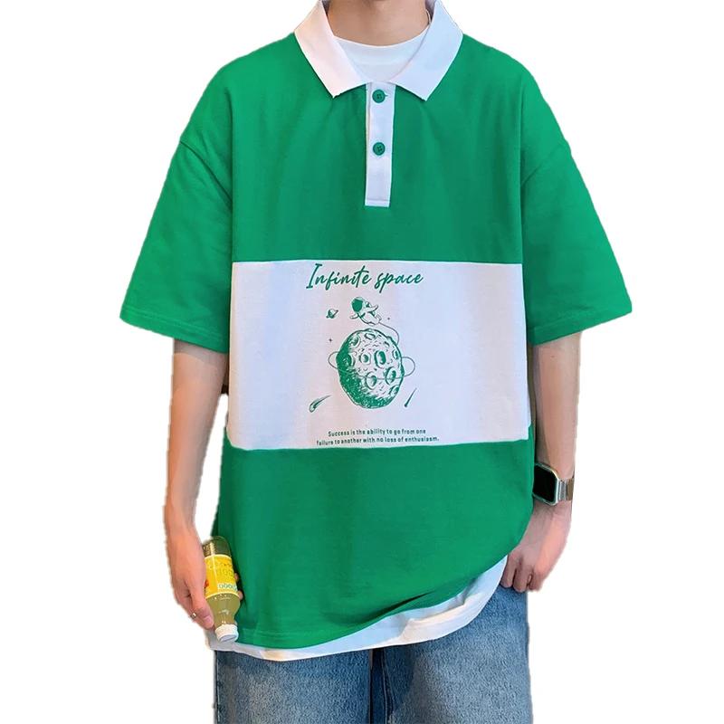 

Cool POLO Collar Print Colorblock Pattern Cotton Short Sleeve Thin Section Teen Boys Must-Have Half Sleeve Drop Shoulder T-Shirt