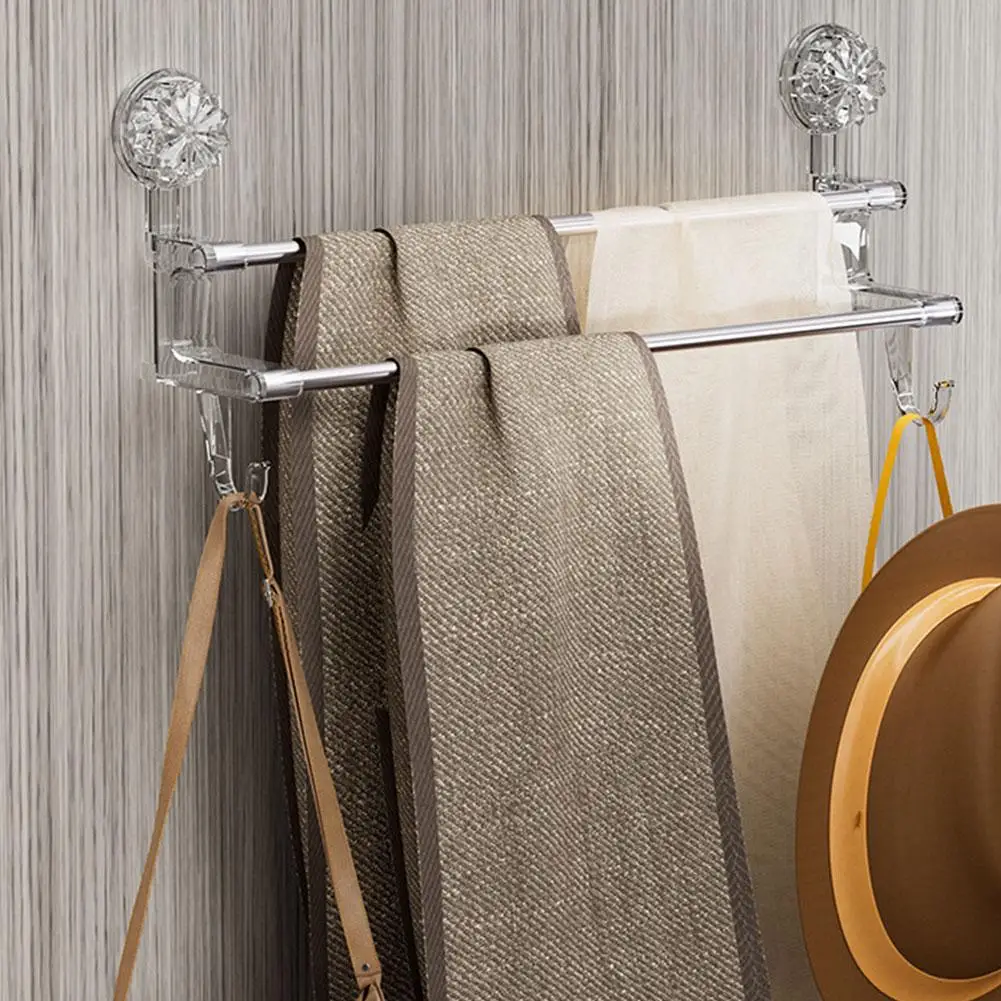 Double Layered Towel Bar with Hook Luxurious Suction Cup Towel Rack Bathroom Hanger Holder Wall Mounted