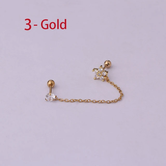 Boucles d'oreilles tendance en acier inoxydable pour femmes, 1 pièce, chaîne à Double perçage, fleur coréenne, Zircon, clous de perçage, bijoux à la mode