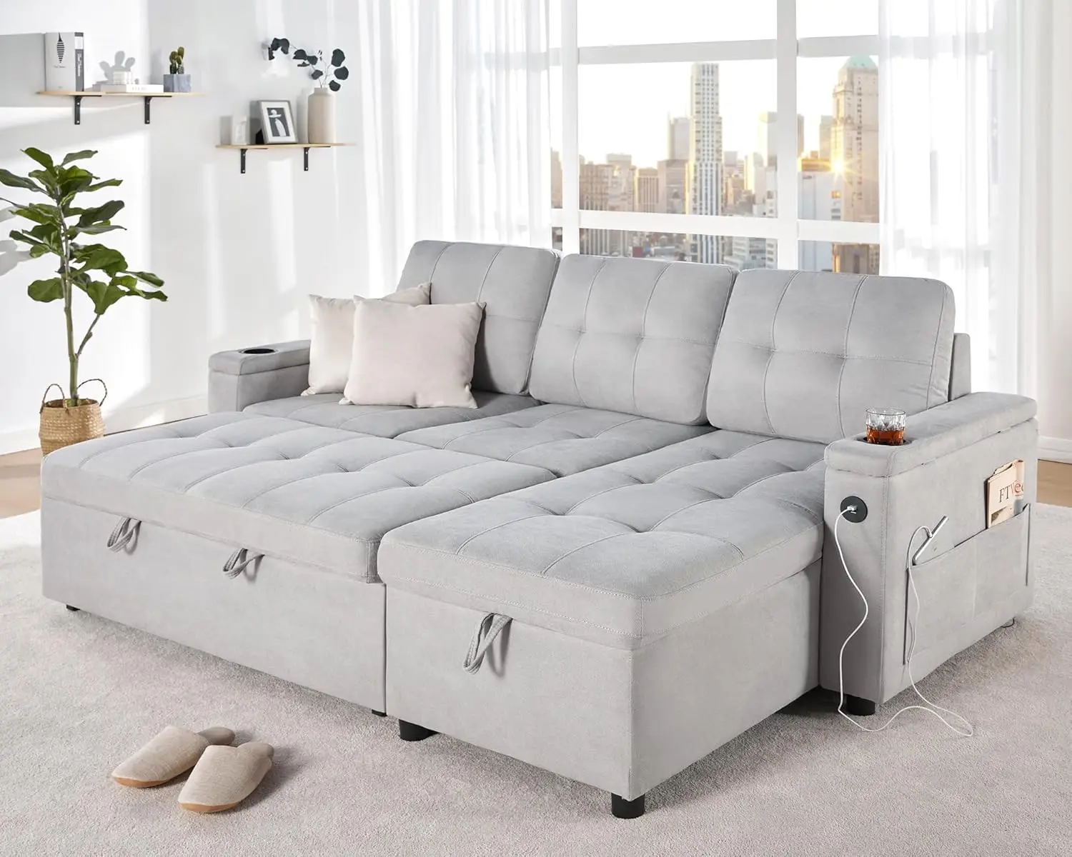 Description Picture 2 of itemFolding Beds Sleeper Sofa Pull Out Couch Bed with USB Charging Port & Cup Holders L-Shaped Sectional Couch with Storage Chaise
