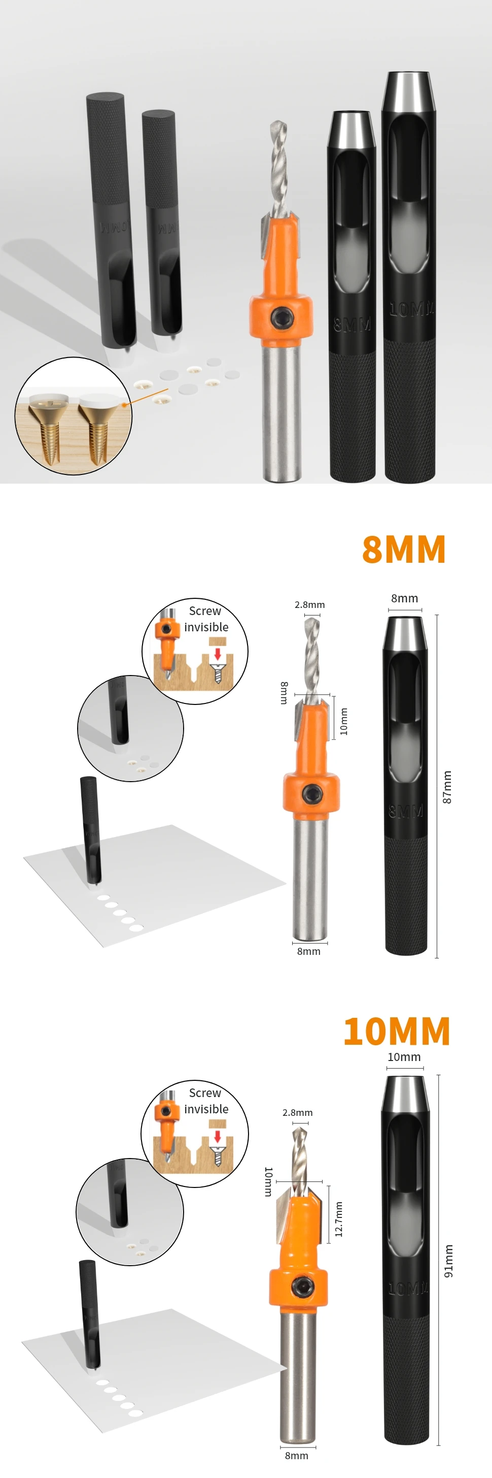 YUSUN 2PCS 8MM Shank Countersink with Punch Router Bit Woodworking Milling Cutter For Wood Face Mill