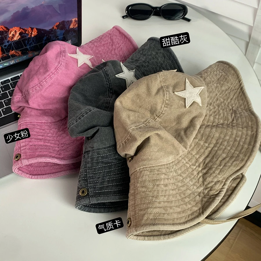 Y2K Punk Bucket Hats Women Pink Stars Retro Big Brim Sun Protection Mountaineering Cap Spring and Summer Outdoor Men's Hat