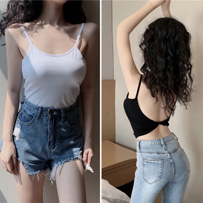 Crop Tops Sexy Spaghetti Strap Tanke Top Women Built In Bra Off Shoulder Solid Color Sleeveless Camisole Ins Yoga Sport Bra
