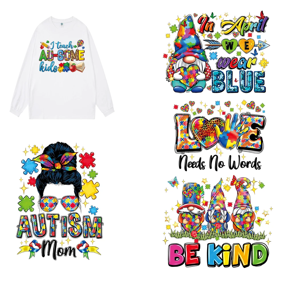Factory Price Custom DTF Heat transfers Iron-on Tshirt Stickers DIY Autism Autistic Ready to Press Labels Patterns for Garment