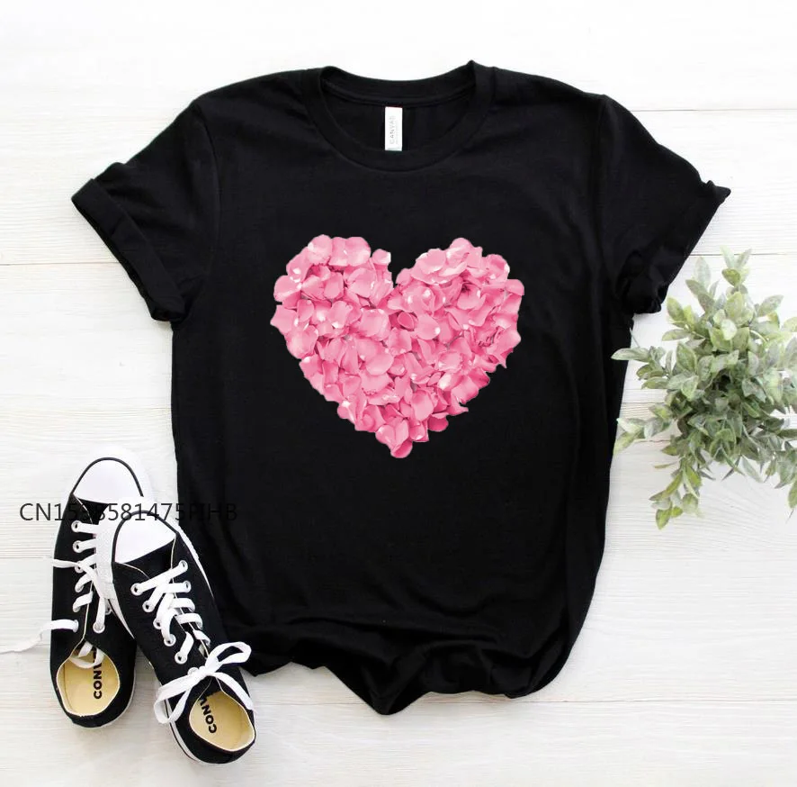 

Pink Heart Flower Print Women Basic Tshirt Premium Casual Funny T Shirt Gift 90s Lady Yong Girl