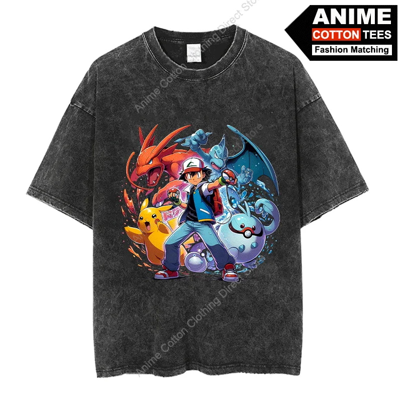 Ash Ketchum & Charizard T Shirt Cute Cartoon Pokemon Print T-shirt y2k Harajuku Unisex Oversized Tees Vintage Cotton Streetwear