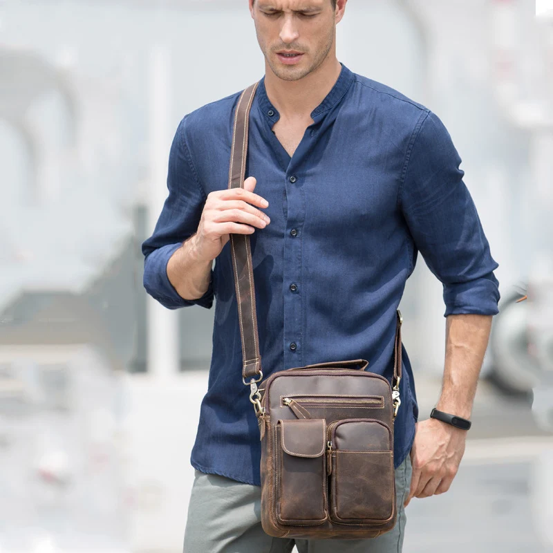 2022 Genuine Leather Men's Handbag Shoulder Bag Outer Casual Crossbody Bag Crazy Horse Leather Work Messenger Bag Male Handbag