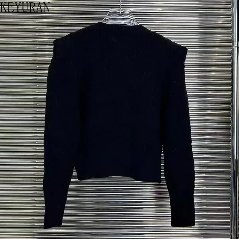 Peals Beading Knitted Cropped Cardigan Jacket Women\'s New Autumn Winter O-Neck Black White Long Sleeve Tops Sweater Mujer Jumper