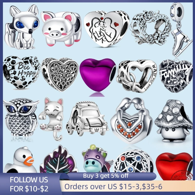 HOT SALE 925 Sterling Silver Zircon Animal Heart Charm Beads Fit Original Pandora Bracelet Pendant Necklace Jewelry | Украшения и