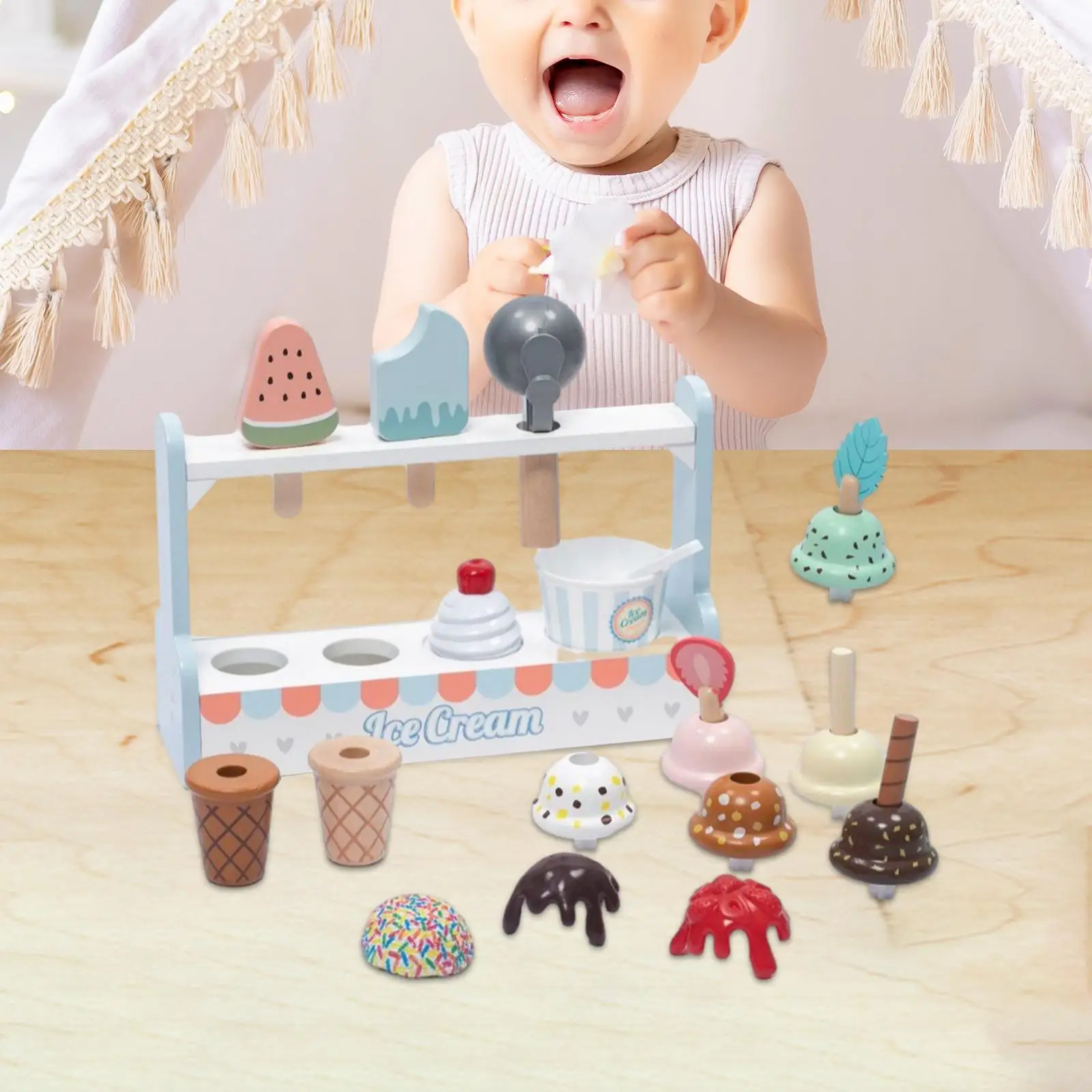 Wooden Ice Cream Set with Wooden Stand Food Toys Set for Children Kids Gifts
