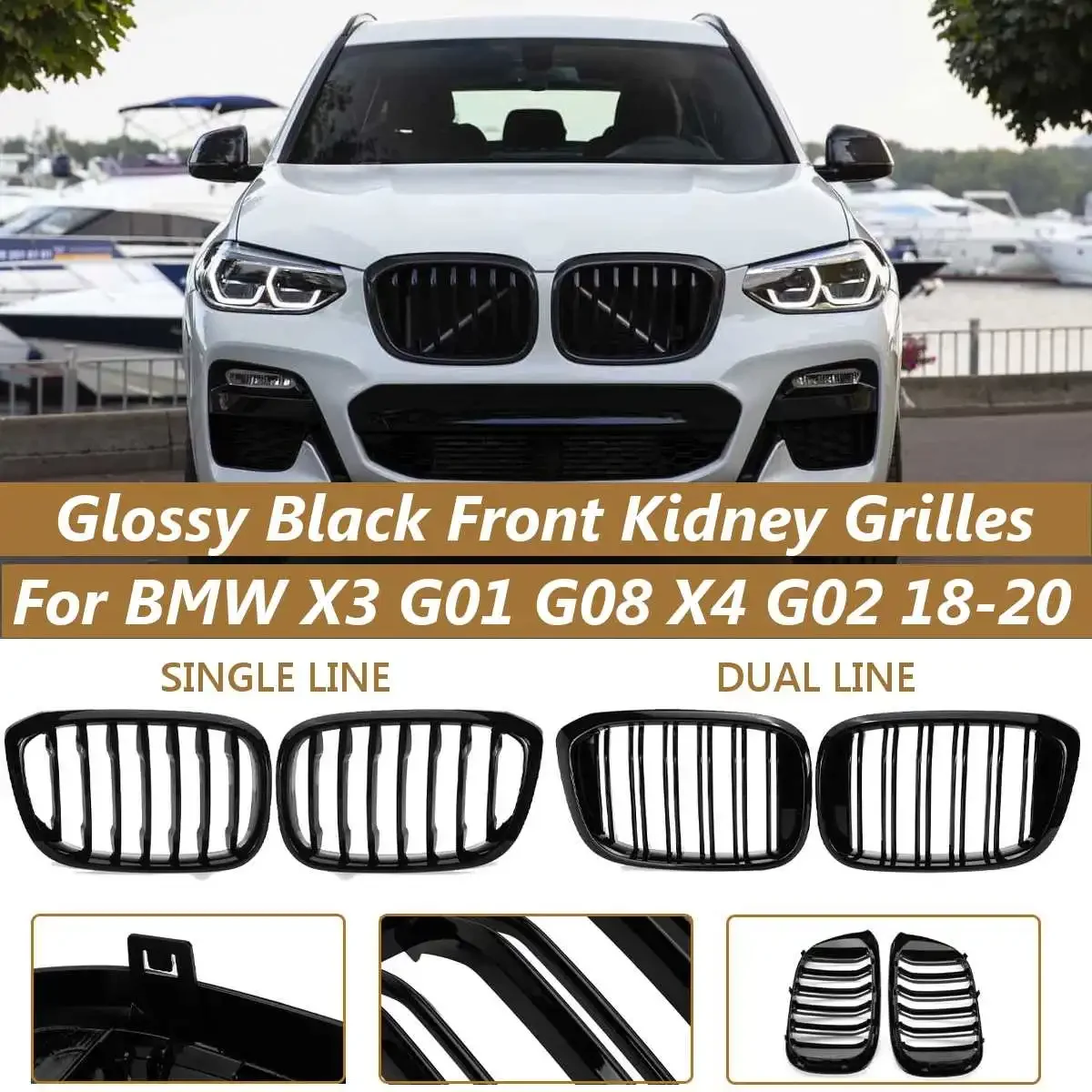 

2PCS Front Grille Kidney Grill Double Slat For BMW 3 4 X3 X4 G01 G02 G08 2018 2019 2020 Racing Grills Car Styling Accessories