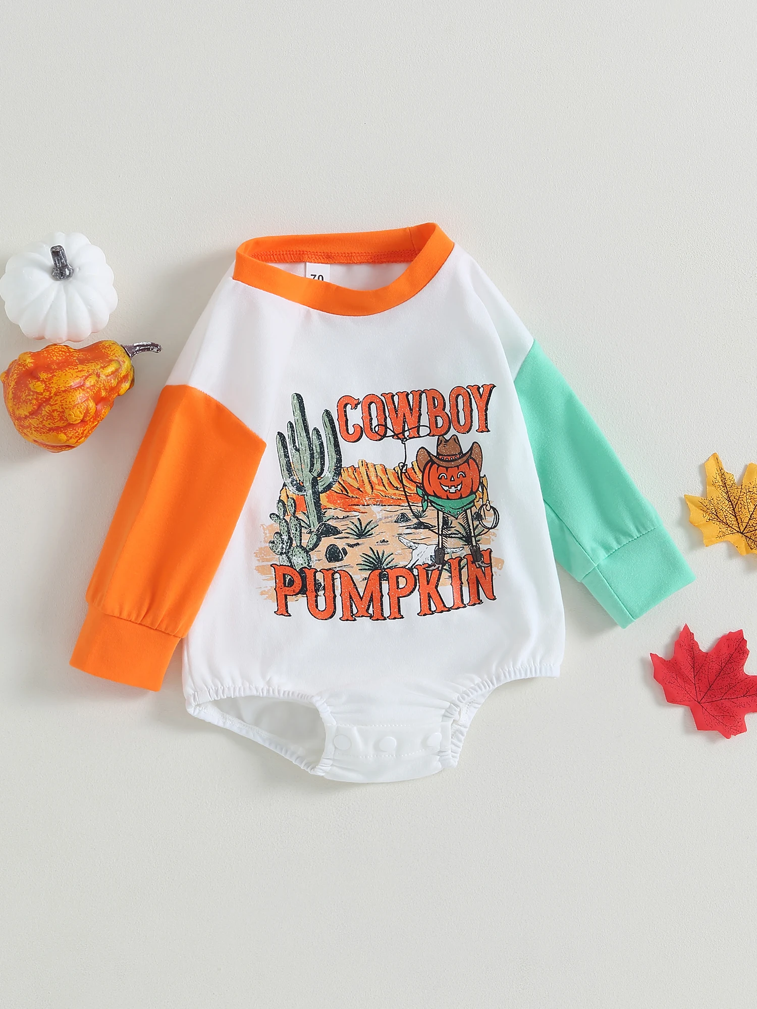 

Baby Boy Girl Halloween Clothes Pumpkin Print Oversized Crewneck Sweatshirt Romper Long Sleeve Bubble Outfit (Style 2