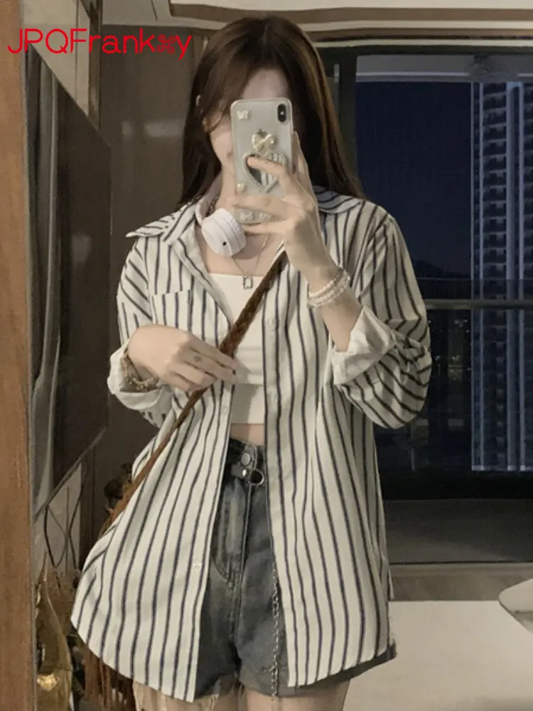 

French vintage striped sunscreen shirt women's summer thin casual shirt jacket design sense niche long-sleeved top