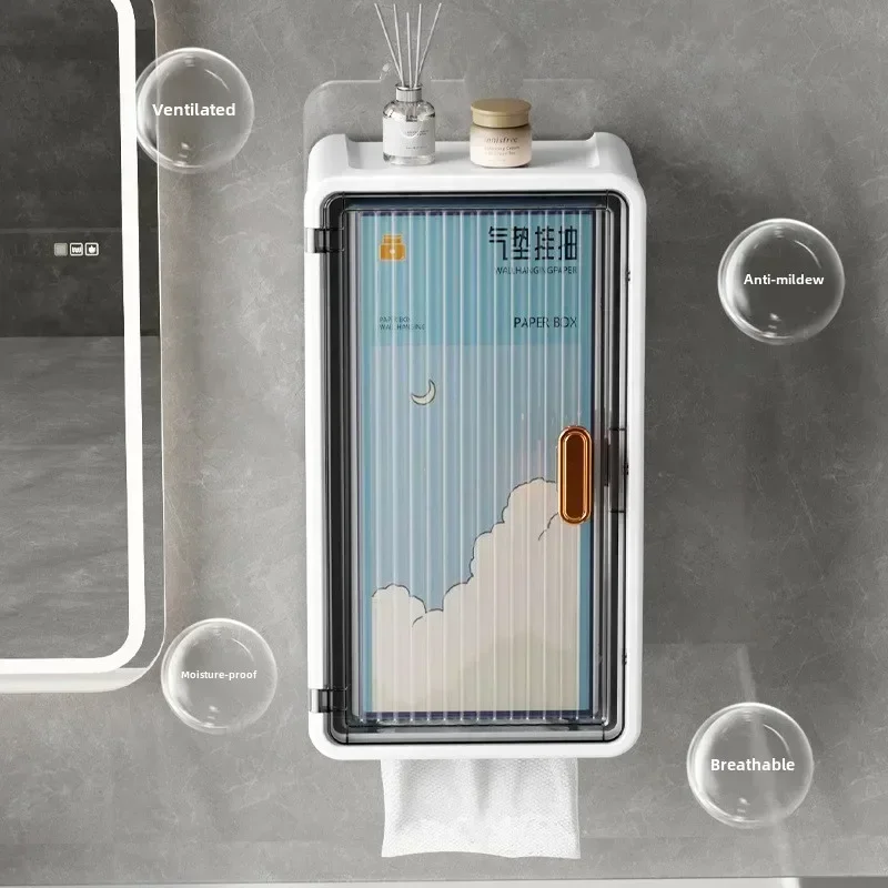 Bathroom Home Creative Wall Mounted Non Perforated Tissue Storage Box Open Door Tissue Box Transparent Wall Mounted Paper Box