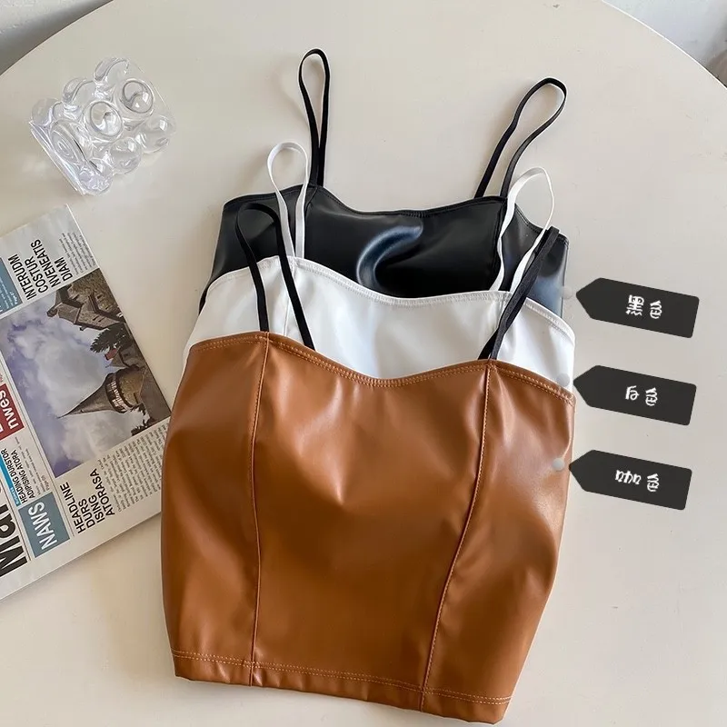 Women's Leather Bralette HK Retro Built-in Padded  Open Back Slim Cropped Streetwear Y2K Chic Outerwearp