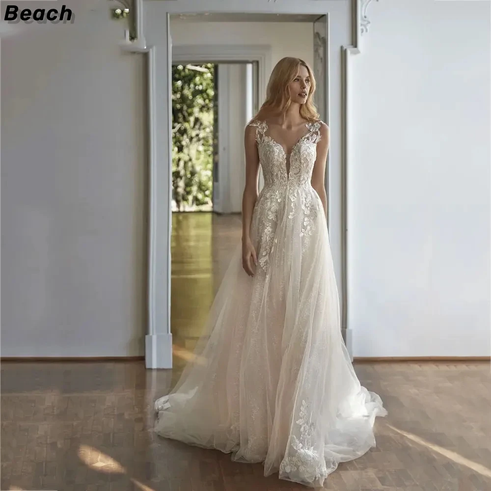 

Beach Elegant Wedding Dress 2024 Sweetheart Backless Lace Bride Dress A Line Train Wedding Gowns Vestido Novia 2024