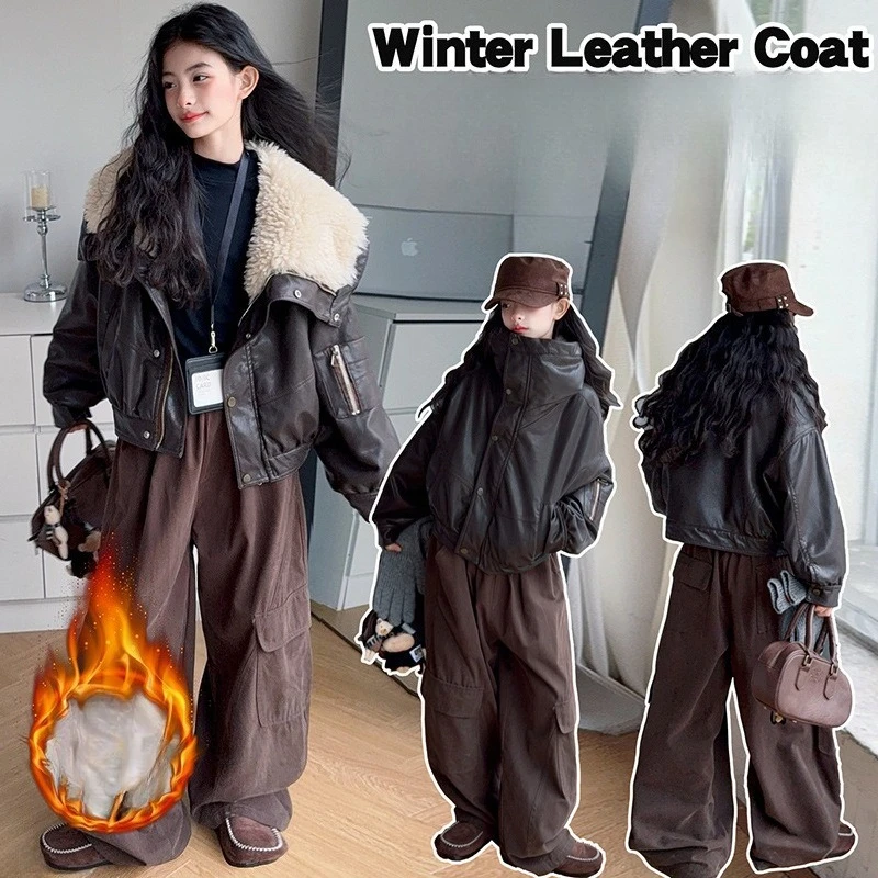 الفتيات سترة جلدية فو موضة براون كبير التلبيب طوق بولي Coat معطف الشتاء رشاقته الدافئة مدرسة في سن المراهقة الاطفال اصطف الصوف ملابس خارجية