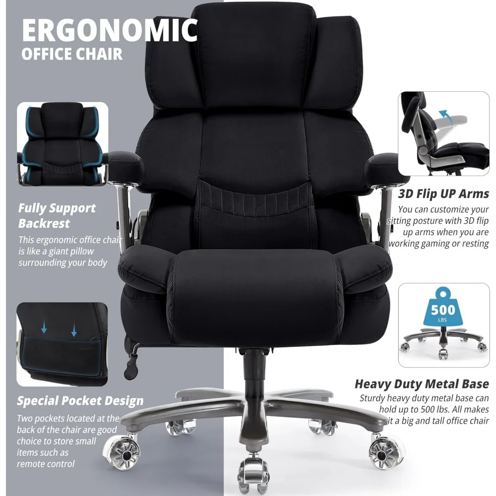 Big and Tall Office Chair 500lbs- Fabric High Back Executive Computer Chair with Adjustable Lumbar Support 3D Flip Arms Plus 4