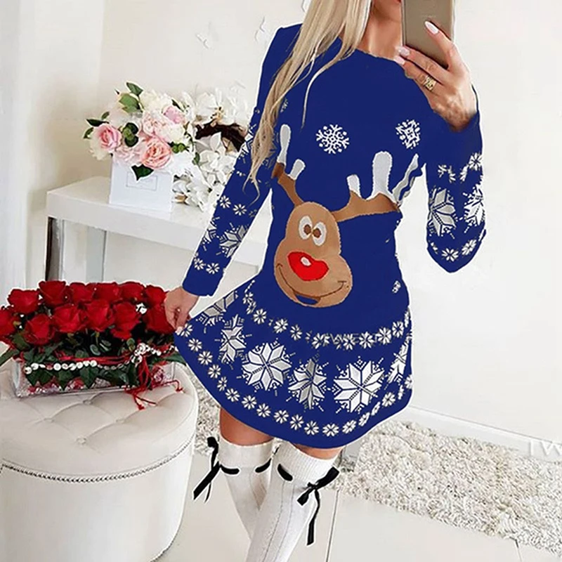 

Autumn Winter New Christmas Women Mini Dress Casual Elegant Round Neck Long Sleeve Elk Snowflake Printed Female Party Dress