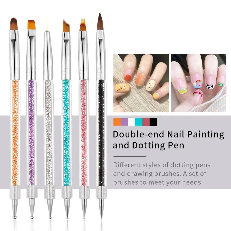 

6Pcs 2 Way Nail Art Dotting Pen Acrylic Polish Drawing Liner Flower Brush Extension Rhinestone DIY Tools Manicure