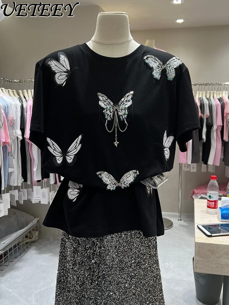 

Loose Oversized Diamond Butterfly Short-Sleeved T-shirt Women's Summer Tee 2024 New Popular Loose T-shirts Cotton Black Top Girl