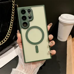 Matte Wireless Charging Magnetic Case with Shockproof Glass Lens Cover - Galaxy S24 (Dark green)