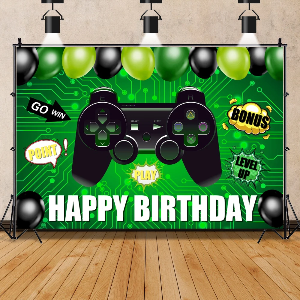 Laeacco Child Baby Play Games Gamepad Happy Birthday Party Balloons Comic Poster Portrait Photo Background Photography Backdrop