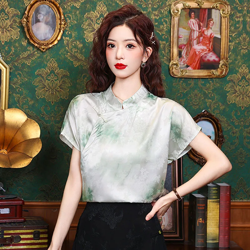 

New Summer Short Sleeve Stand Collar Women Blouse Tie Dyed Chiffon Blouse Shirt Women Tops Blusas Mujer De Moda 2024 Verano A335