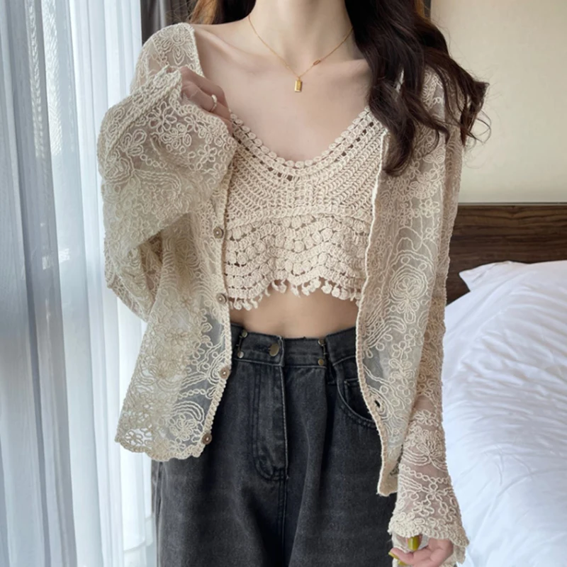 

Sunscreen cardigan thin women's summer design sense, small crowd lace top, Camisole, two piece set, fairy temperament, sweet