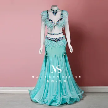 customized belly dance performance costume new feather set fairy and soft wrapped buttocks gauze skirt high-end for women