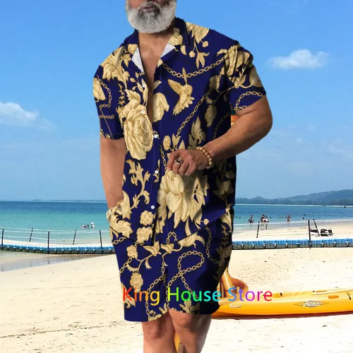 Men Hawaiian Shirt Set Summer Luxury Chain Holiday Clothes For Men Short Sleeve Oversized  Beach Shorts Male 2 Piece Suit Outfit