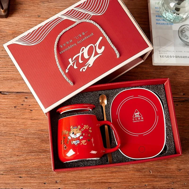 Ceramic Cup 55 Degrees Thermostat Gift Box Set Warm Mugs Spoon Storage Bag Set Folding Spoon Portable Meals
