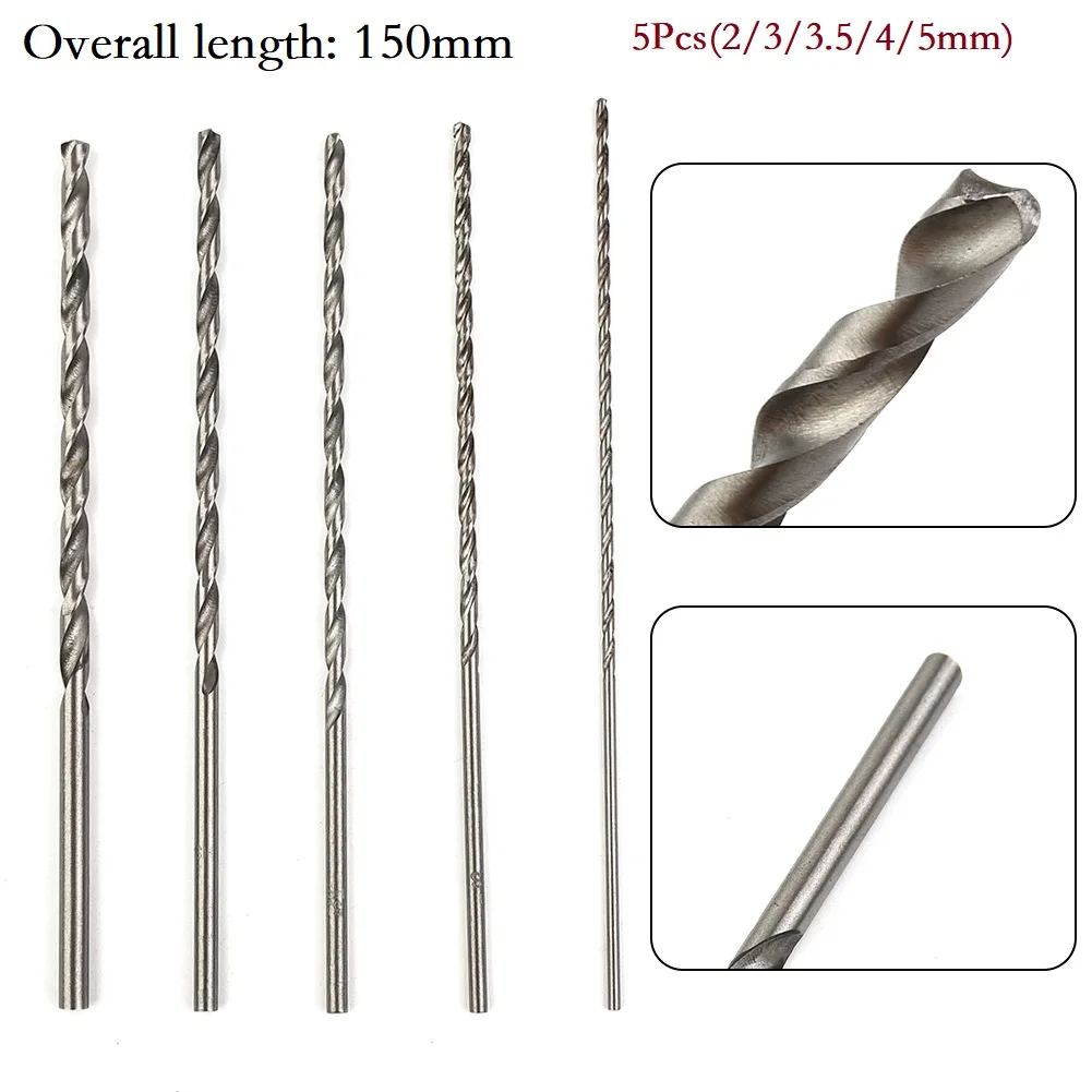 5Pcs Extra Long HSS High Speed Steel Drill Bit Set 2mm/3mm,3.5mm,4mm,5mm Bits Suitable For Many Electric Drills